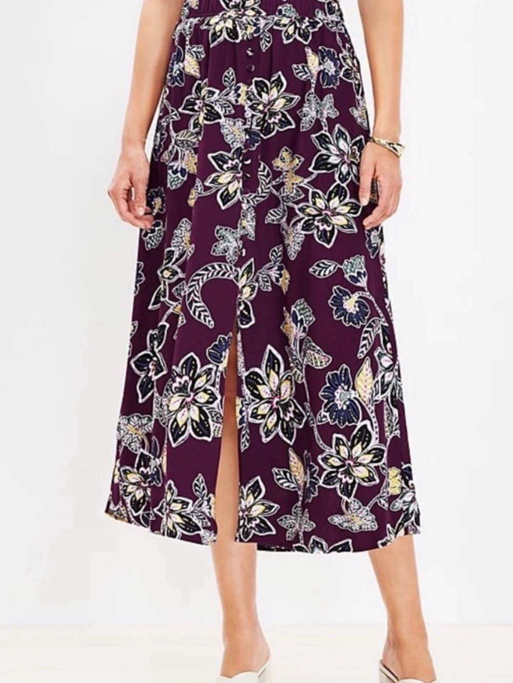 LOFT XL Plum Floral Midi Skirt with Elastic Waist witchy boho fall autumn comfy